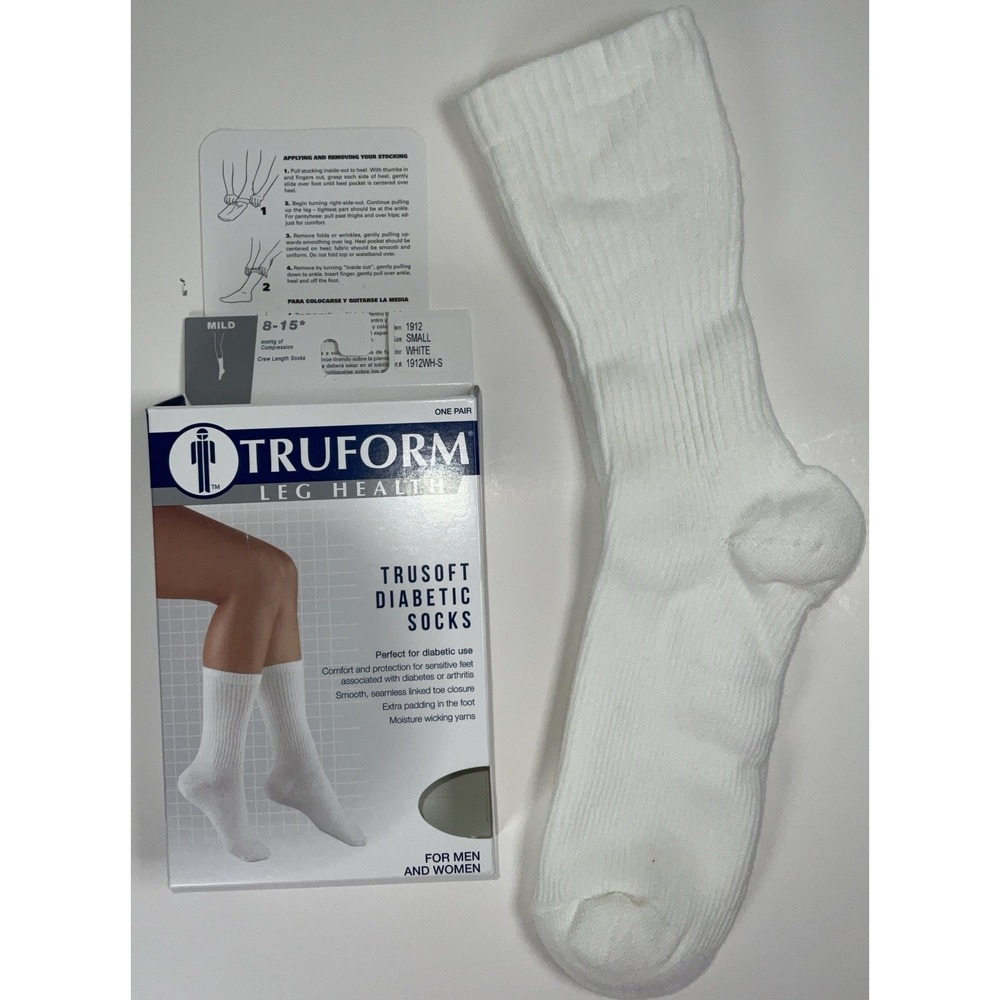 NIB TruForm Leg Health Unisex TruSoft Diabetic Crew Socks 8-15‎ mmHG White Small